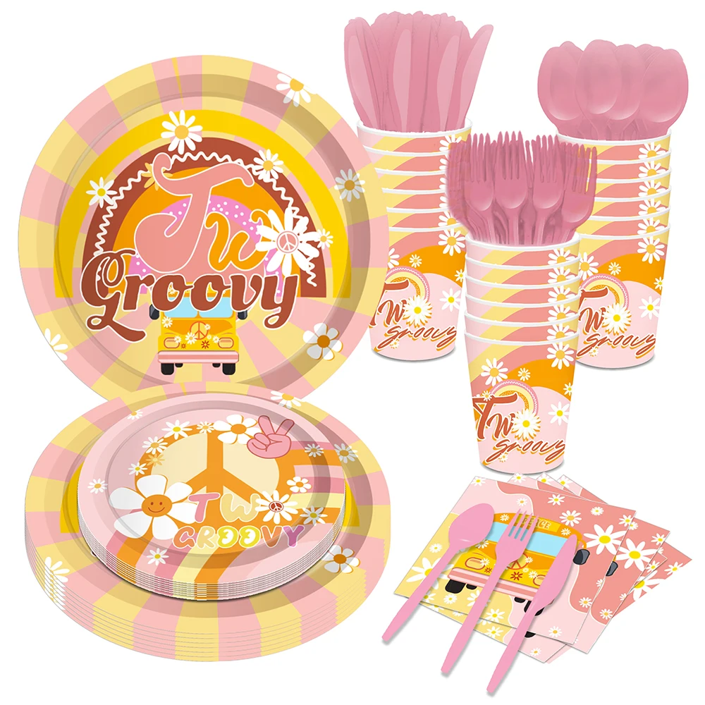 

Hippie Rainbow Two Groovy Daisy Happy Birthday Party Paper Disposable Tableware Sets Plates Hippy Baby Shower Party Decorations