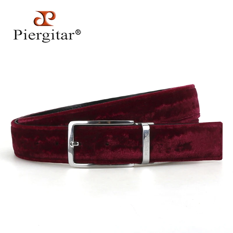 Piergitar 2023 Classic Burgundy Velvet Men's Belt With Stainless Steel Buckle Match The Same Material Of Shoes Cowskin Lining