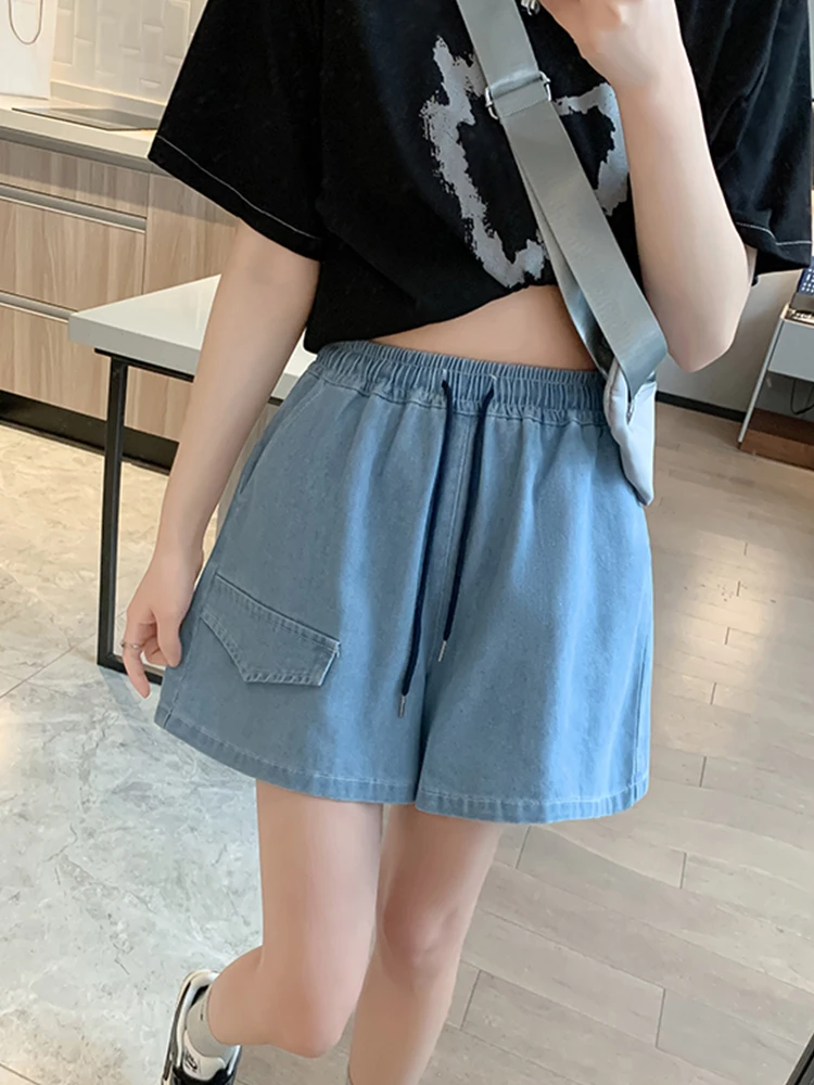 Streetwear Women Wide Leg Lace Up Elastic Waist Denim Shorts Spring Summer Female Loose Retro Jeans Shorts Bottoms