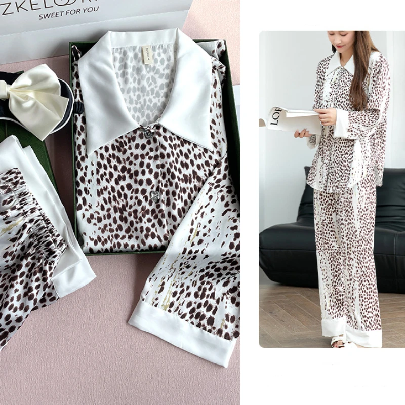 

Женская весенне-осенняя Шелковая пижама QSROCIO, пижама с длинным рукавом, модная Роскошная Пижама с леопардовым принтом