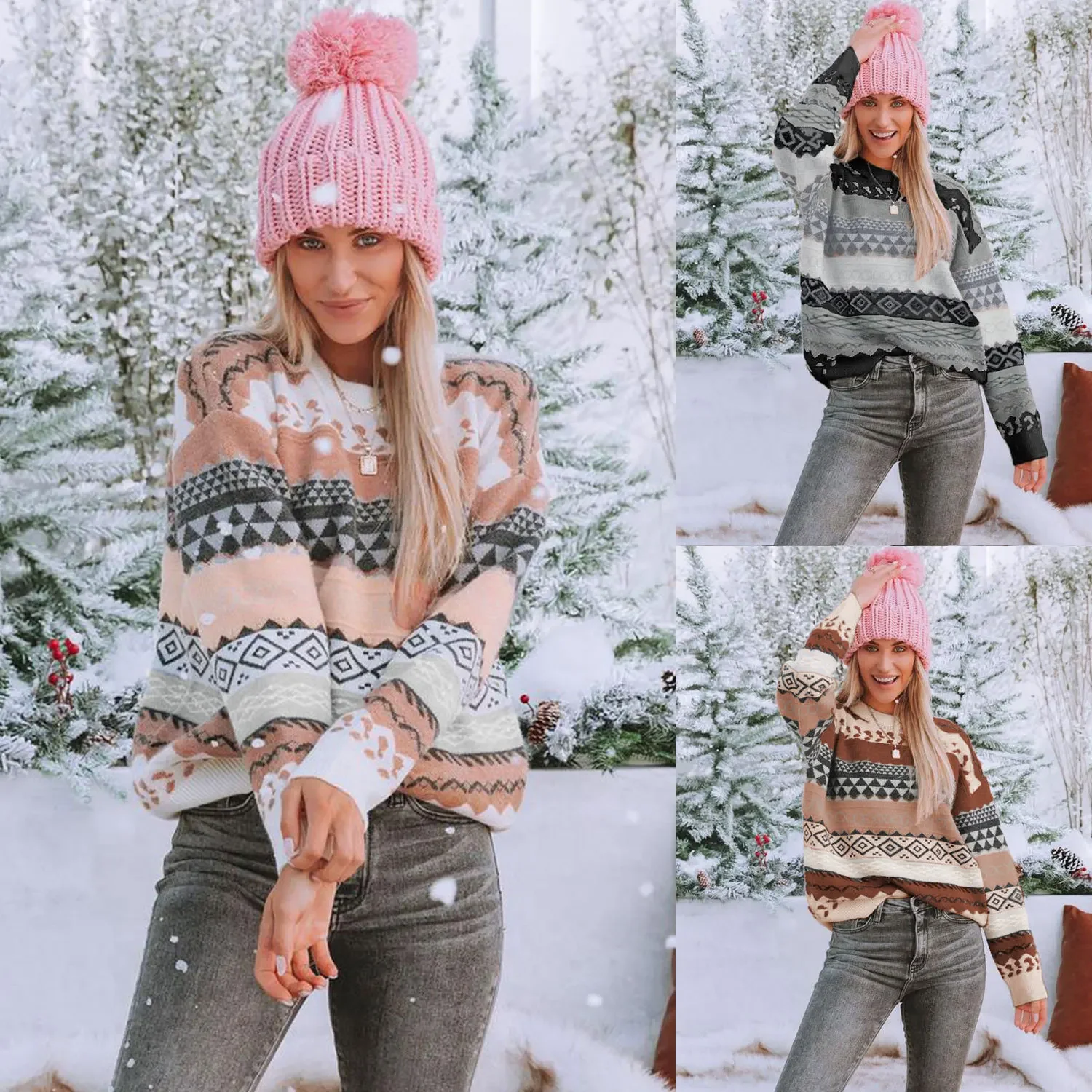 

Fall/Winter 2023 New Retro Pattern Jacquard Sweater Women Multicolor Stitching Women Knit Pullover