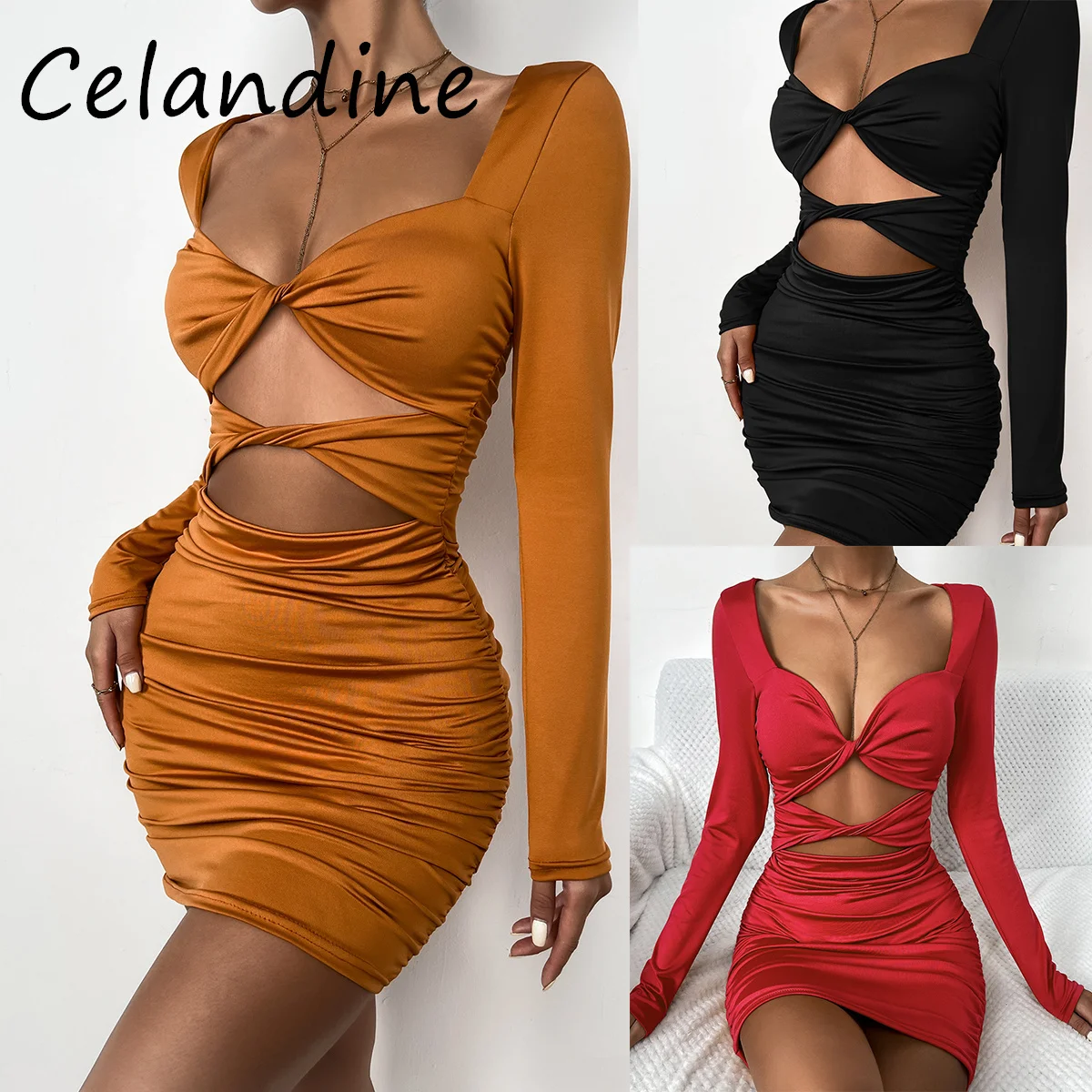 

Celandine Women Pleated Hollow Out Long Sleeve V-Neck Mini Dress Sexy Bodycon Solid Short Dress Party Club Beach Streetwear