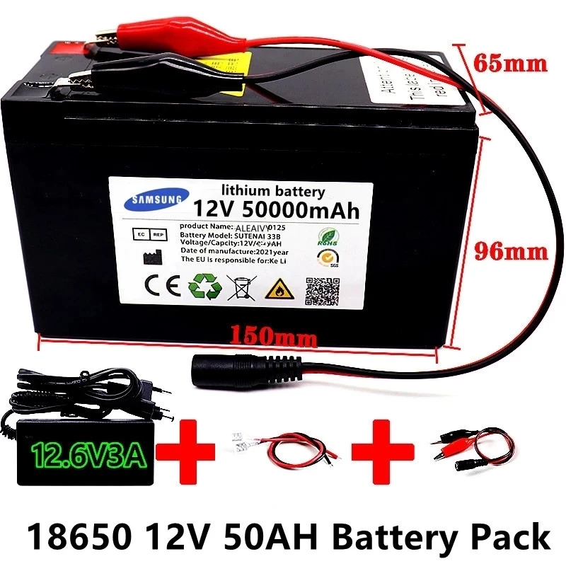 

12 В, 50 Ач, 50000 мАч, 18650 литиевый аккумулятор, Встроенный ток, 30 А, BMS для распылителей, аккумулятор для электромобиля + зарядное устройство 12,6 в