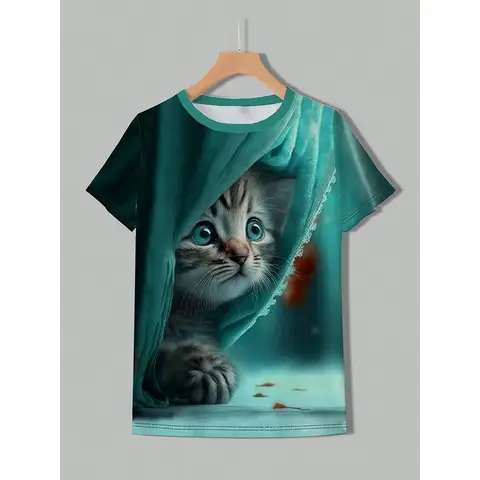 Женская повседневная футболка с короткими рукавами и милым котенком, выглядывающимися сквозными шторами с графикой - бирюзовый животный принт, средний стрейч