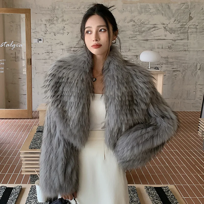 Raccoon Hair Real Fur Short Coat Women Shawl Fashion Luxury Capes Winter Thicken Warm Overcoat Big Collar Jacket Dropshipping