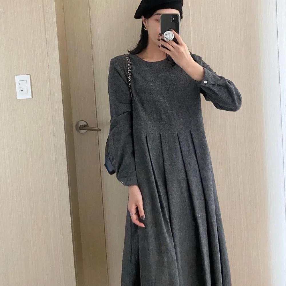 

Women's Dress Japan Korean Simple Temperament Round Neck Pleated Design Loose All-match Puff Sleeve Dress Autumn Spring New 2022