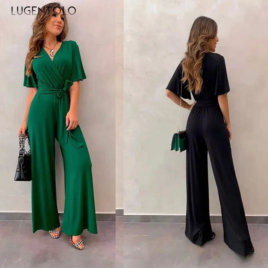 

Women Elegant Jumpsuits Loose Summe V-neck Solid Casual Ladies Short Sleeve Thin Wide Leg Pants Cool Long Jumpsuit