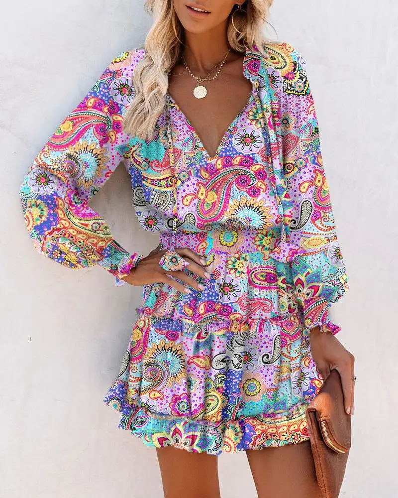 

Women Fashion V Neck Long Sleeve Mini Dress Vacation Wear Beach Paisley Print Ruffle Hem Shirred Waist Casual Dress