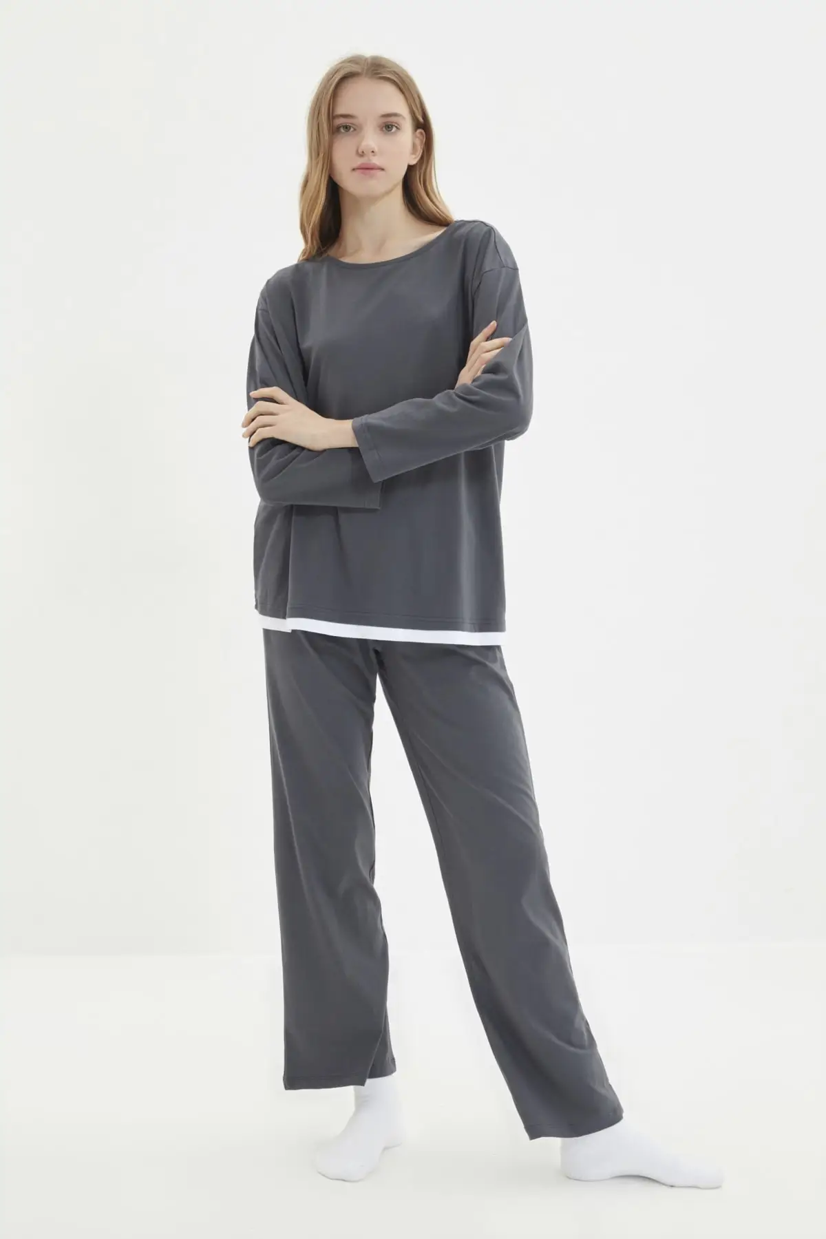 

Gray Knitted 100% Cotton Long Sleeve Nightwear Pajamas set