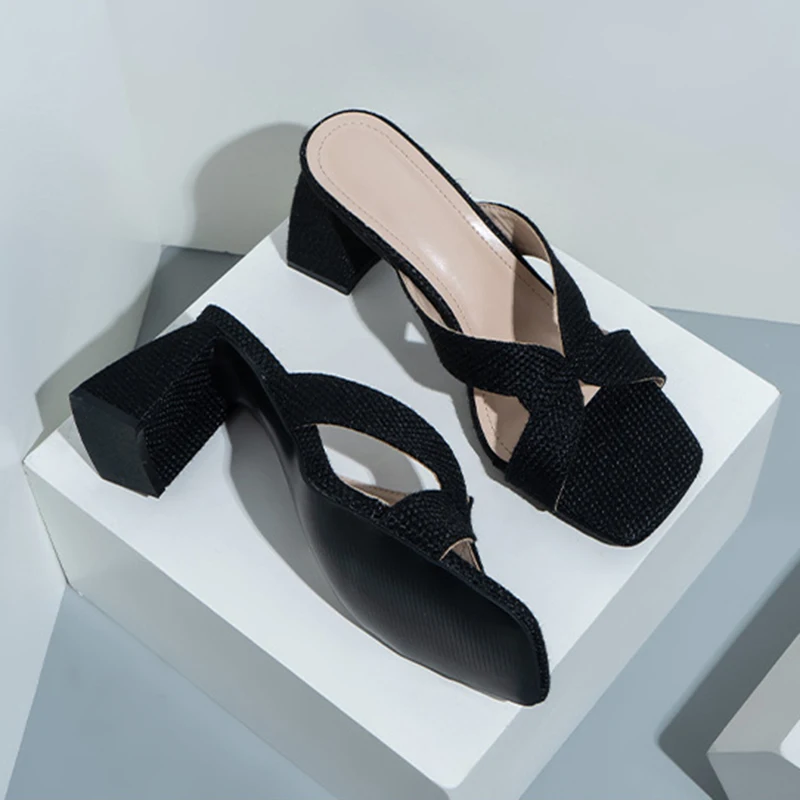 FAFA Heels Hot Linen Coarse Heel Slippers Female Summer Sandals High Heel Sandals Female Shoes Europe And The United States