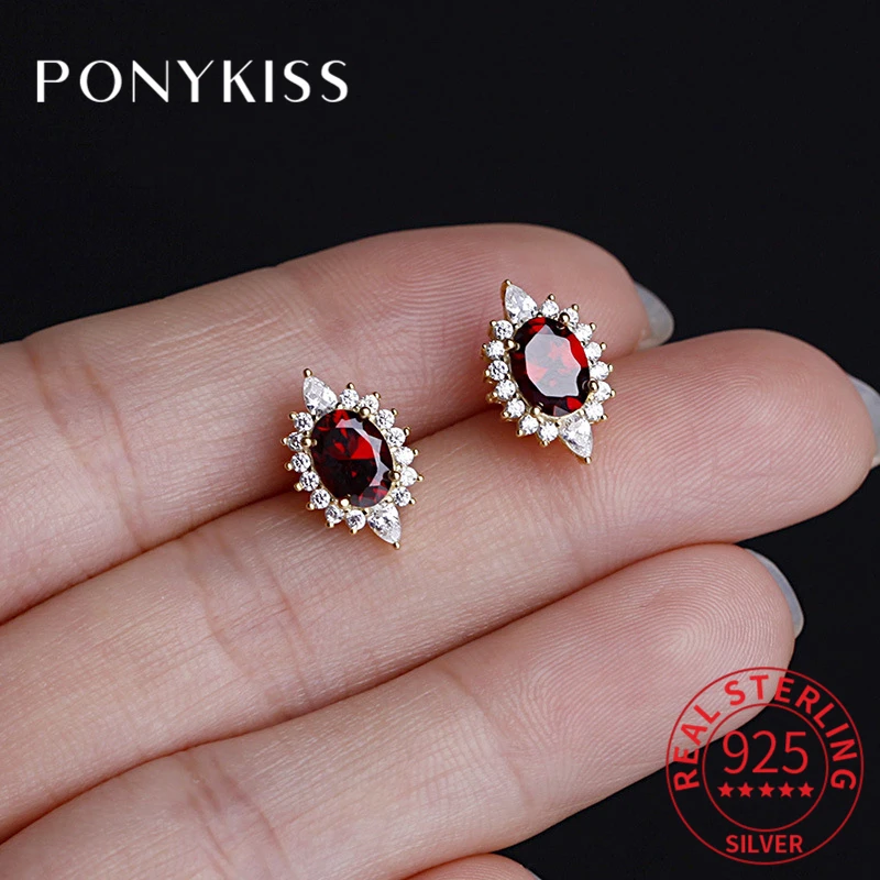 

PONYKISS Real 925 Sterling Silver Geometric Oval Garnet Ruby Zircon Lace 14K Gold Stud Earring for Women French Style Jewelry