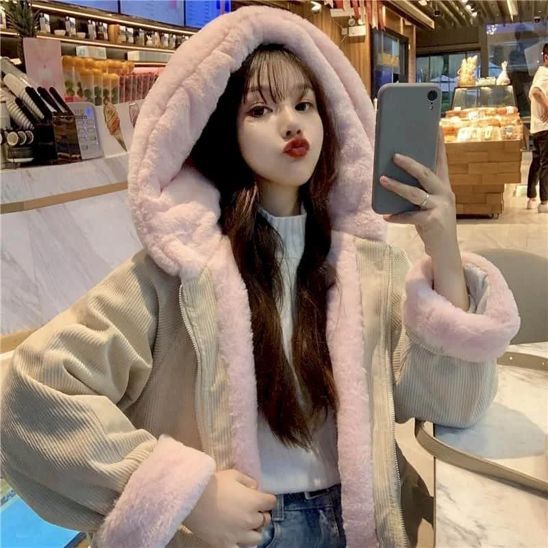 2021 New Cotton Plus Velvet Loose Hooded Corduroy Long-sleeve Coats Thicken Jackets Female Student Autumn Winter Korean Overcoat