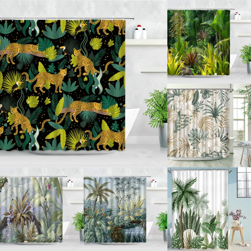 

Curtain Monkey Coconut Tree Palm Trees Leopard Parrot Jungle Plants Shower Green Leaves Scenery Bathroom Home Decor Curtains