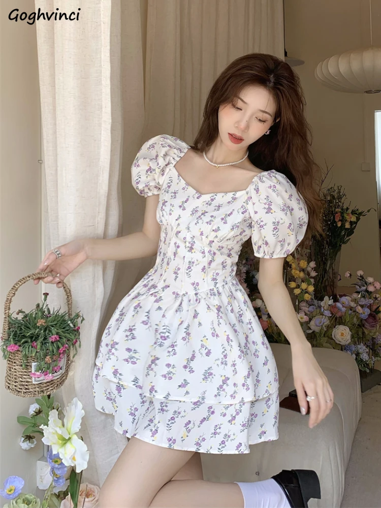 

Puff Sleeve Dress Women Floral Ball Gown Mini Ruffle Summer Princess Lovely Prairie Girlish Retro French Vestidos Tender Holiday