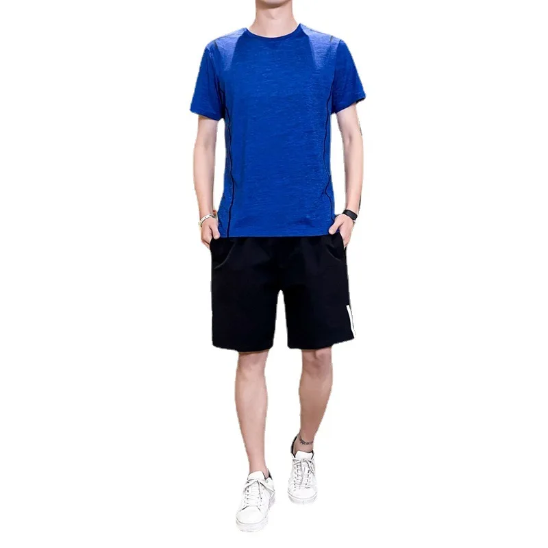 2023 Summer Short Sleeve Sports Set Men's Thin Ice Silk Quick Drying Breathable Morning Running Wear Casual Wear Two Piece Set