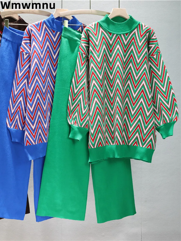 

Soft Warm Diamond Pattern Sweater 2 Piece Set Korean Fall Winter Knit Pullover Conjuntos Baggy High Waist Wide Leg Pants Outfits