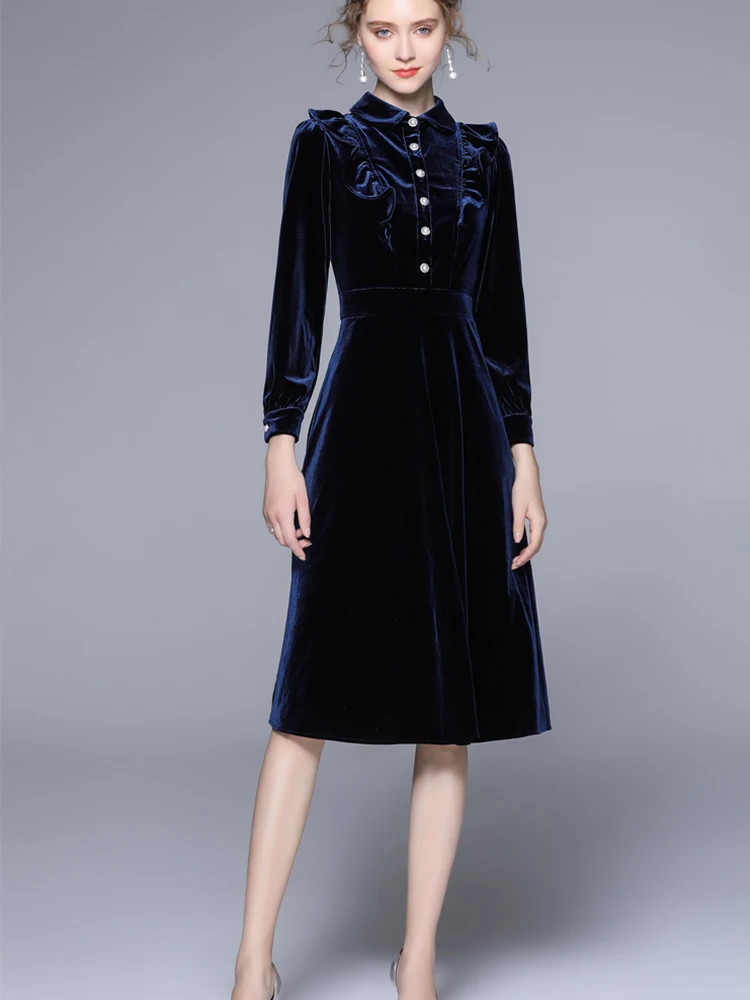 

FTLZZ Spring Autumn New Women Elegant Dresses Velvet Long Skirt Ruffled Doll Neck Slim Female Dress Fashion Casual Dress