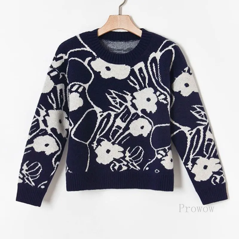 

Женский плотный теплый свитер, темно-синий жаккардовый пуловер с цветочным принтом и круглым вырезом, трикотажный джемпер из Джерси, Осень-зима 2023
