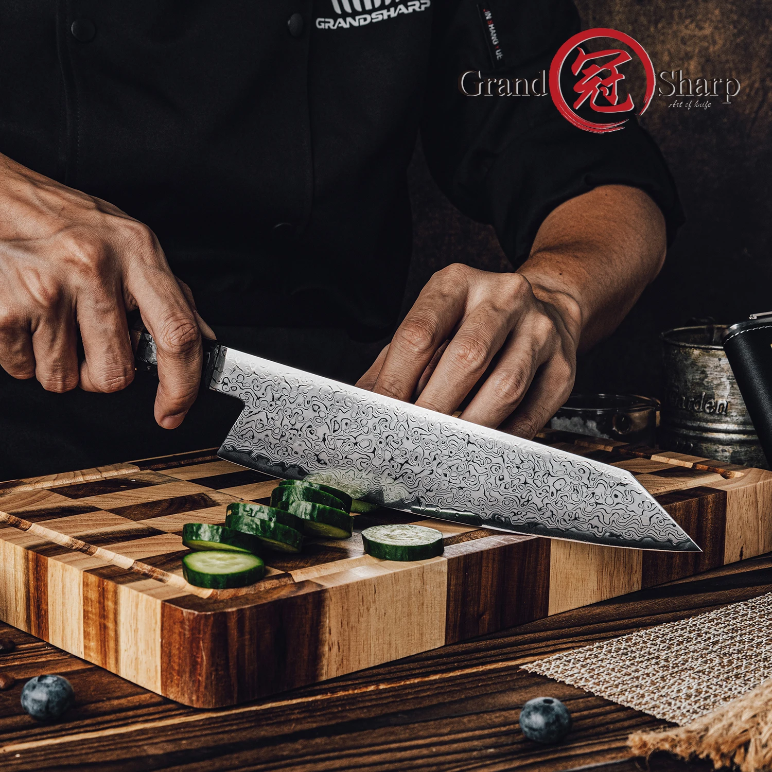Фото Нож Grandsharp Кирицуке, 67-слойная дамасская сталь, 10Cr15MoV, лезвие с углеродным волокном и медной кольцевой ручкой, нож шеф-повара №3