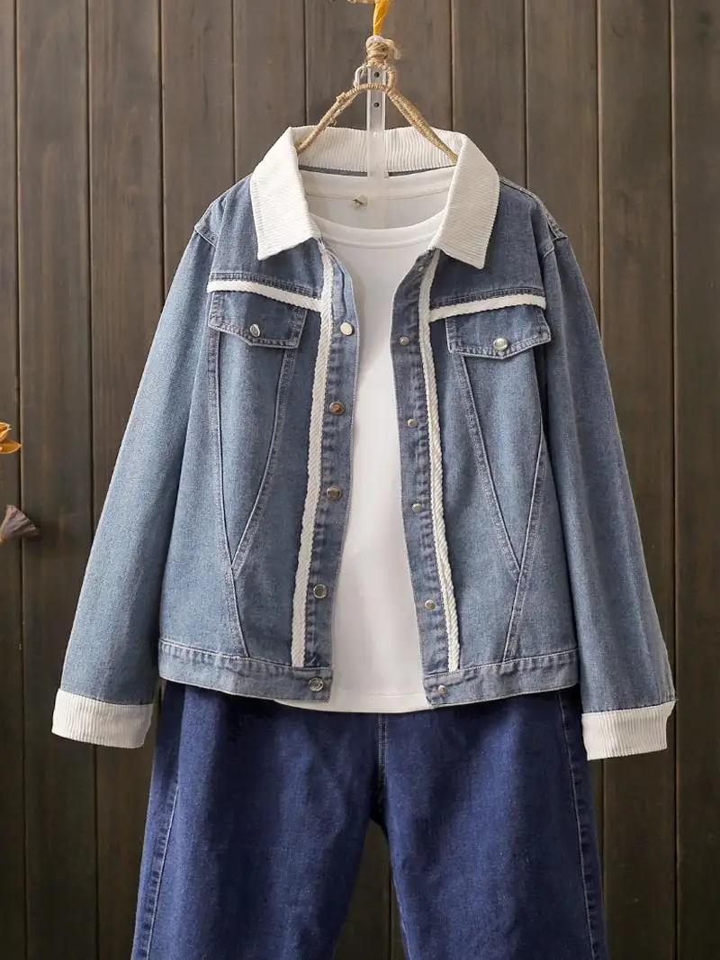 Весна и осень Большие размеры 00 кг Джинсовое пальто контрастного цвета в стиле