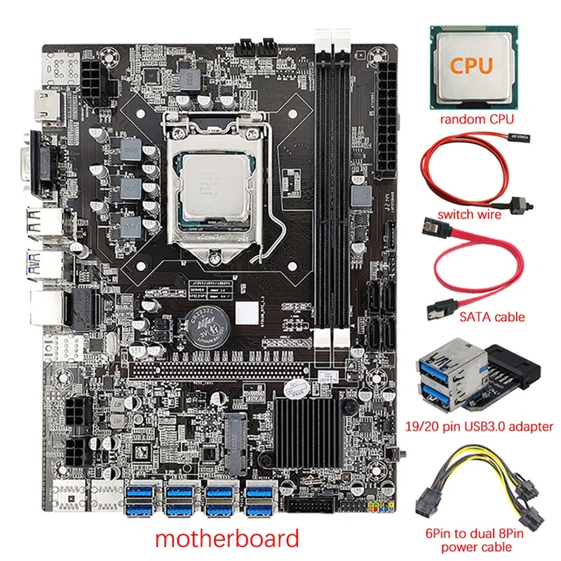 8 GPU B75 Mining Motherboard+CPU+Power Cable+USB3.0 Adapter 8X USB3.0 To PCIE LGA1155 DDR3 RAM SATA3.0 For BTC ETH Miner