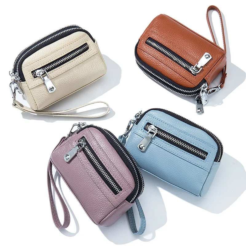 Women Multifunctional Coin Purse Genuine Leather Small Double Zipper Large Capacity Key Pouch Travel Card Holder Fashion Bags