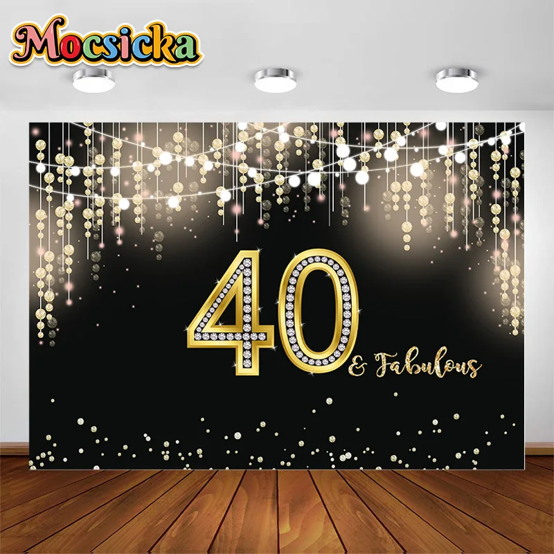 

Happy 40th Birthday Backdrop Golden Flash Eiffel Tower High Heels Woman Forty Birthday Photography Background Banner Backdrops