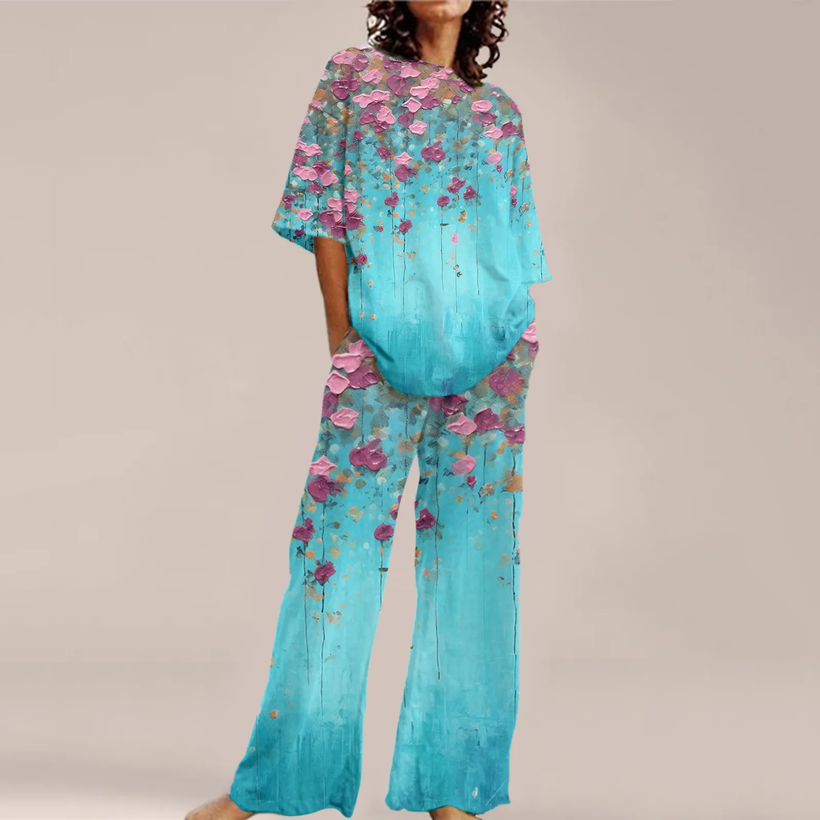 

Summer Outfits for Women 2023 New In Matching Sets Casual Set Loose Cotton Linen Floral Printing Shirt and Pants Two-piece Set