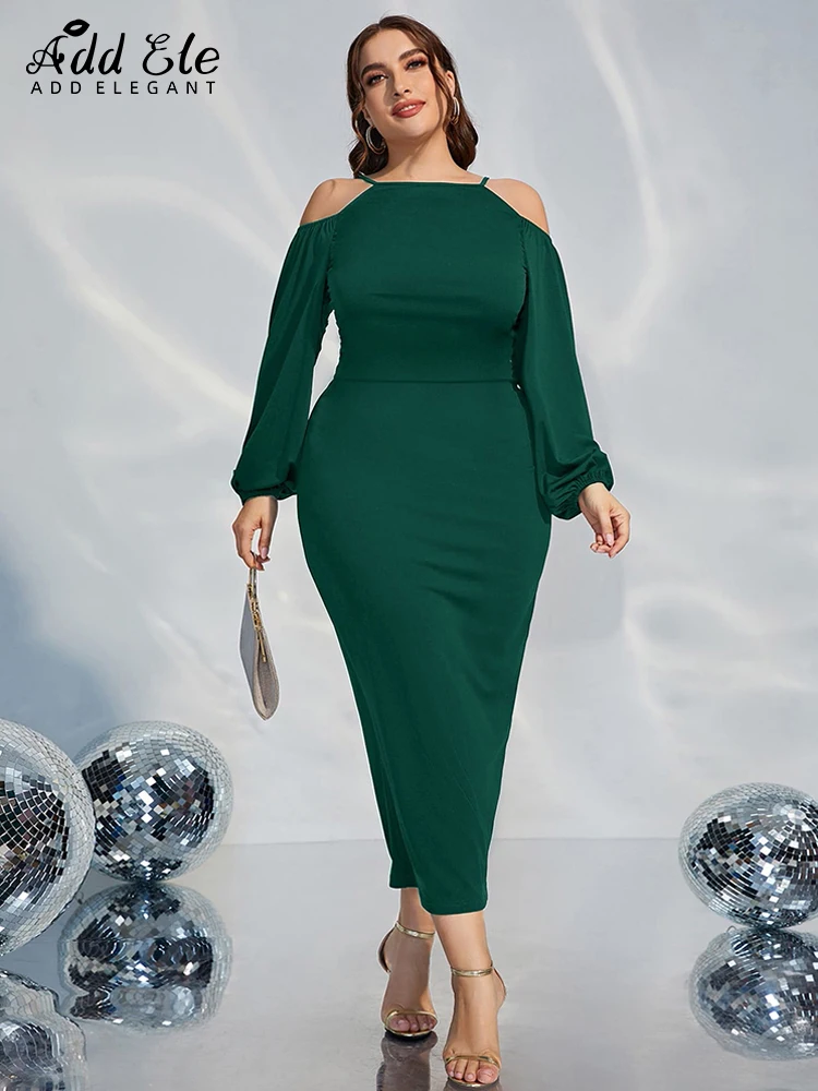 Add Elegant Plus Size Pencil Dress Women 2022 Autumn Gentle Casual Off the Shoulder Design O-Neck Long Sleeve Clothing B915
