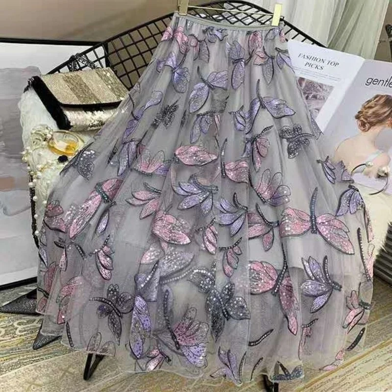 

Heavy industry sequin embroidery skirt women 2022 spring new drape mesh a word casual printed skirt mid-length female skirt