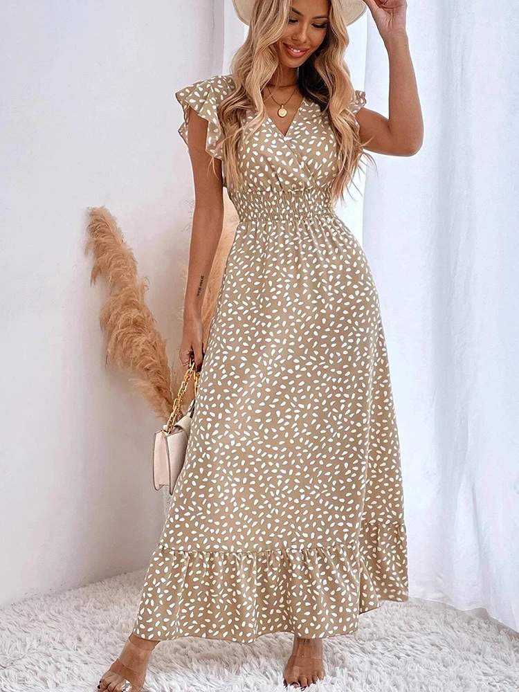 

Summer Sleeveless Dot Long Dress Women Printed Bohemian Beach Dress Casual V Neck Tunic Dress Female Ruffle Polka Dot Sundress