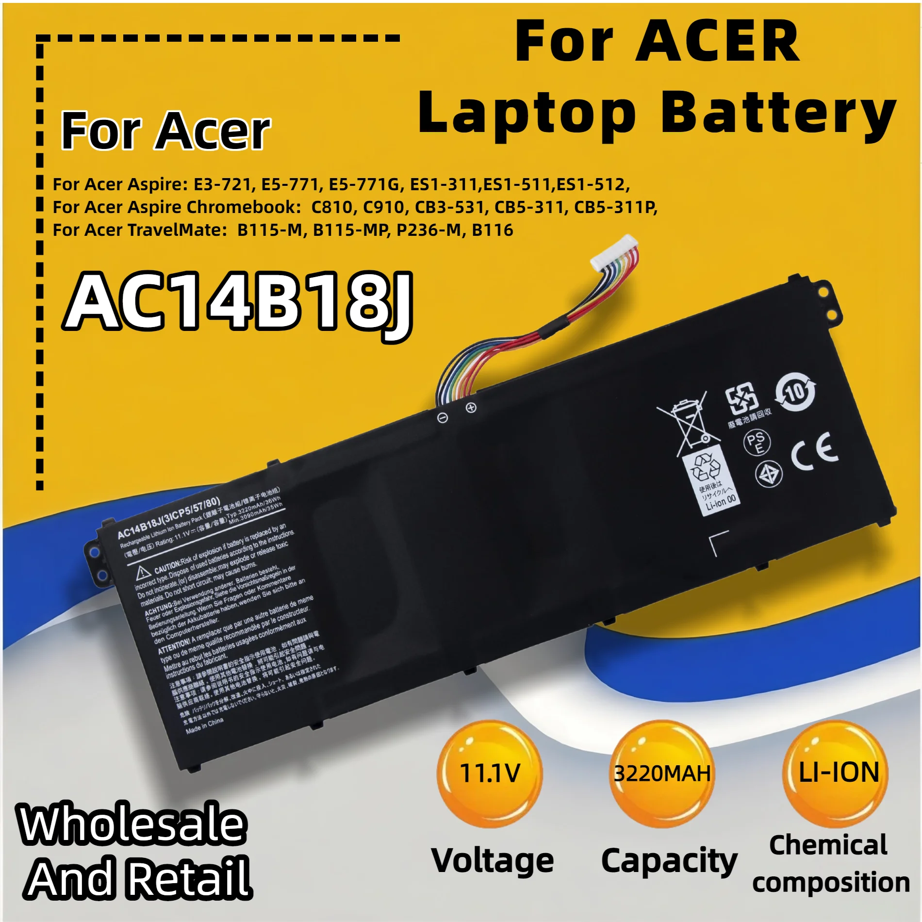 Фото Аккумулятор FRLESUI AC14B18J AC14B13J для ноутбуков Acer Aspire 3 A311/A314/A315/A317, 5 A514/A515/A517/A615, 7 A715, AN515 Series №2