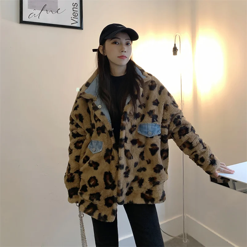 Retro Chic Both Sides Wear Leopard Denim Jacket Women Korean Winter Clothes Thickening Girl Wearing Rabbit Fur Temperament Coat
