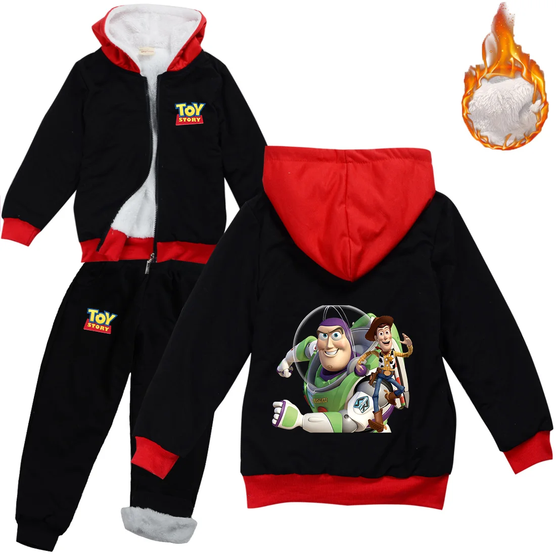 

Зимние толстые повседневные комплекты Disney Toy Story Вуди, наряд, свитшот с капюшоном, костюм для девочек и мальчиков, куртка и штаны, комплект детской спортивной одежды