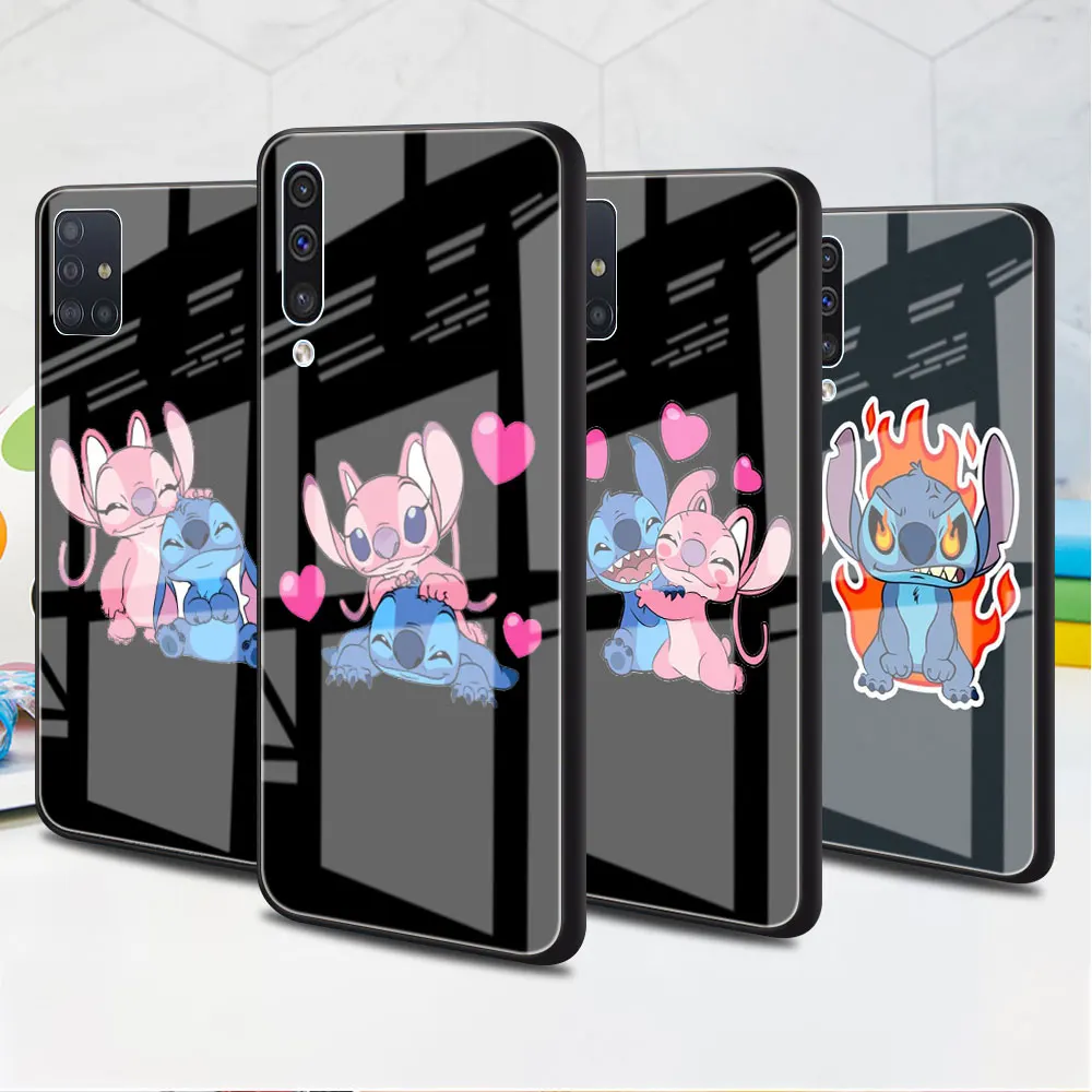 

Glass Case for Samsung Galaxy A52 A53 5G A72 A71 A70 A50 A33 A23 A13 A21s Black Soft Edge Phone Coque Cute Cartoon Lilo Stitch