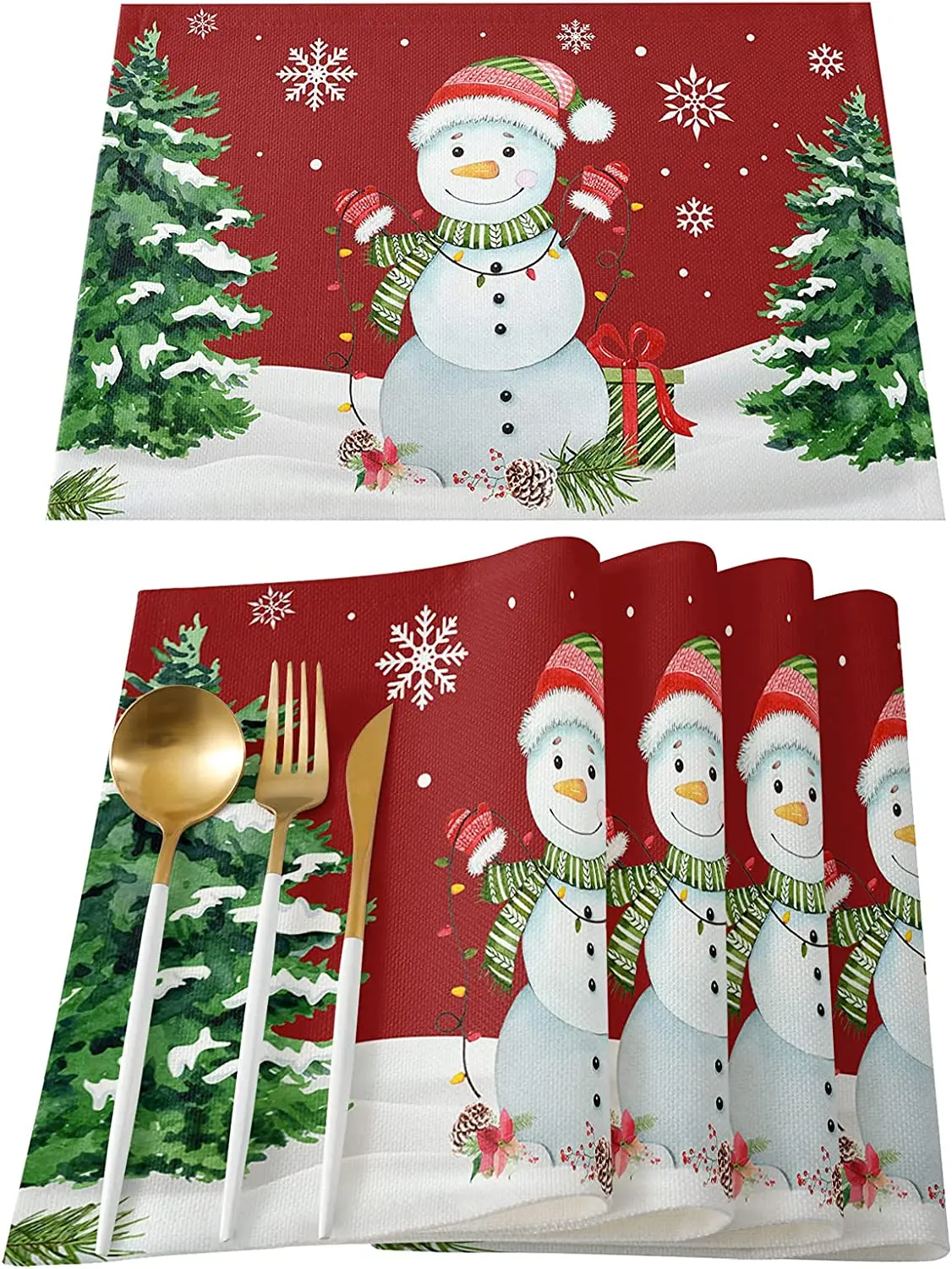 

Christmas Snowman Placemats Set of 4 for Dining Table Merry Snowflake Xmas Tree Durable Washable Non Slip Heat Place Mats