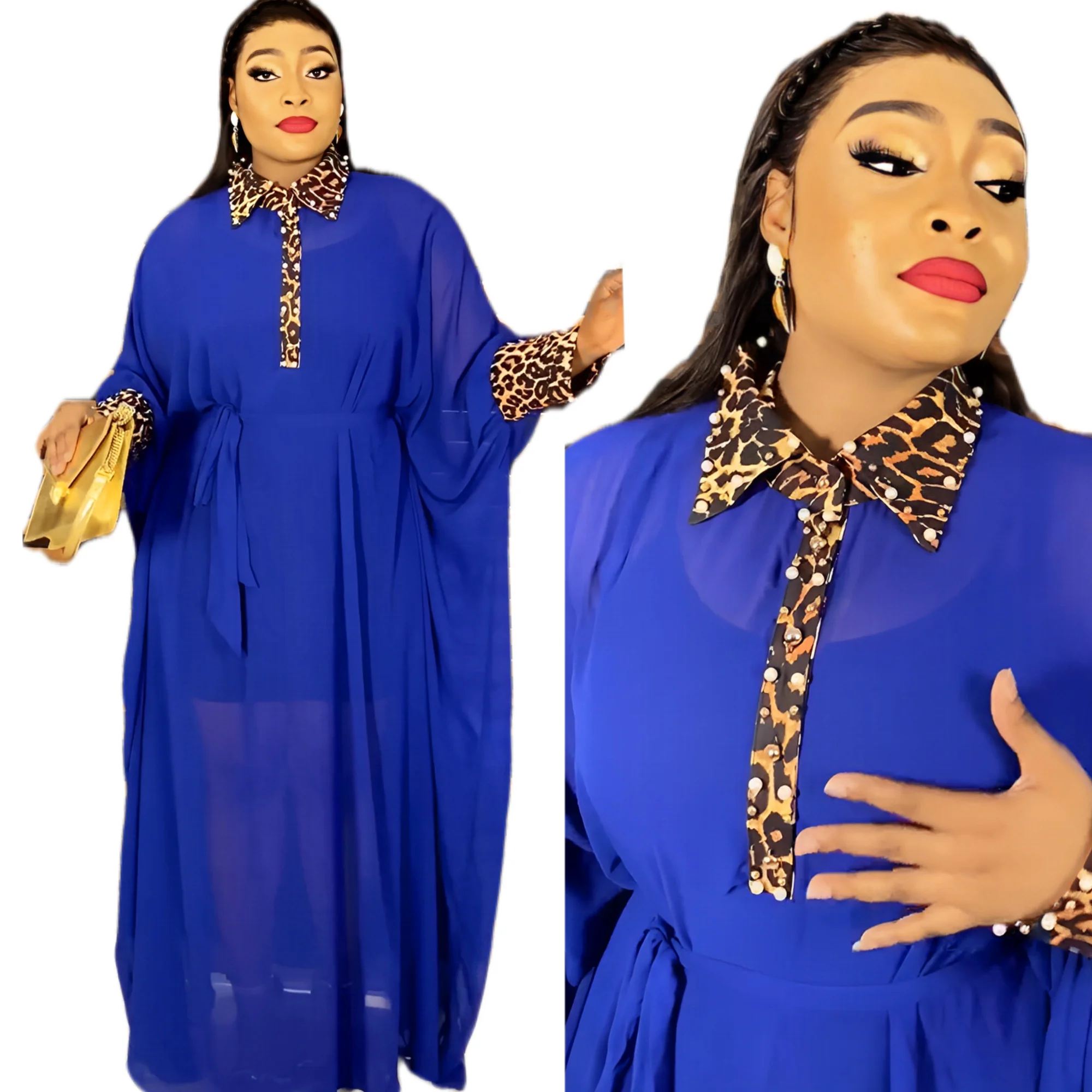 

Комплект из 2 предметов, шифоновое платье с жемчужинами и леопардовым принтом, воротник, манжеты, большой пояс, пояс, африканская мода, женское длинное платье