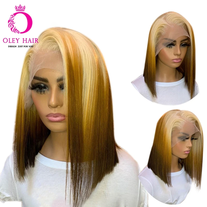 

Ombre Honey Blonde Colored 14 Inch Short Bob Pixie Cut Preplucked 13x4 Synthetic Lace Front Drag Queen Cosplay Wigs For Women