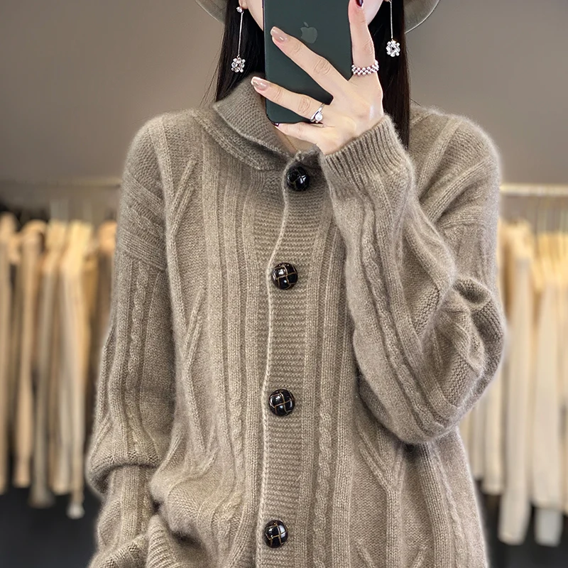 Осень и зима новый свитер из 100% мериноса женский вязаный кардиган на пуговицах