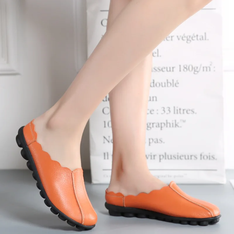 

Fashion Women Mules Solid Color Handmade Loafers Petal Edge Design Flat Shoe Genuine Leather Office Slip on Casual Shoe Big Size