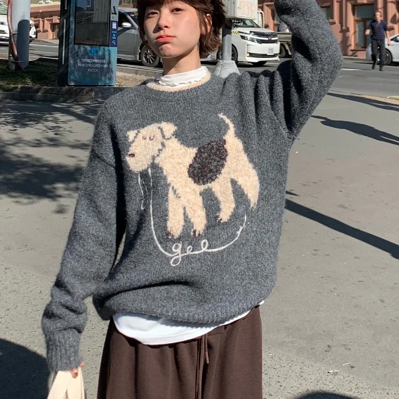 2024 японский осенний новый серый пуловер с круглым вырезом и щенком для женщин