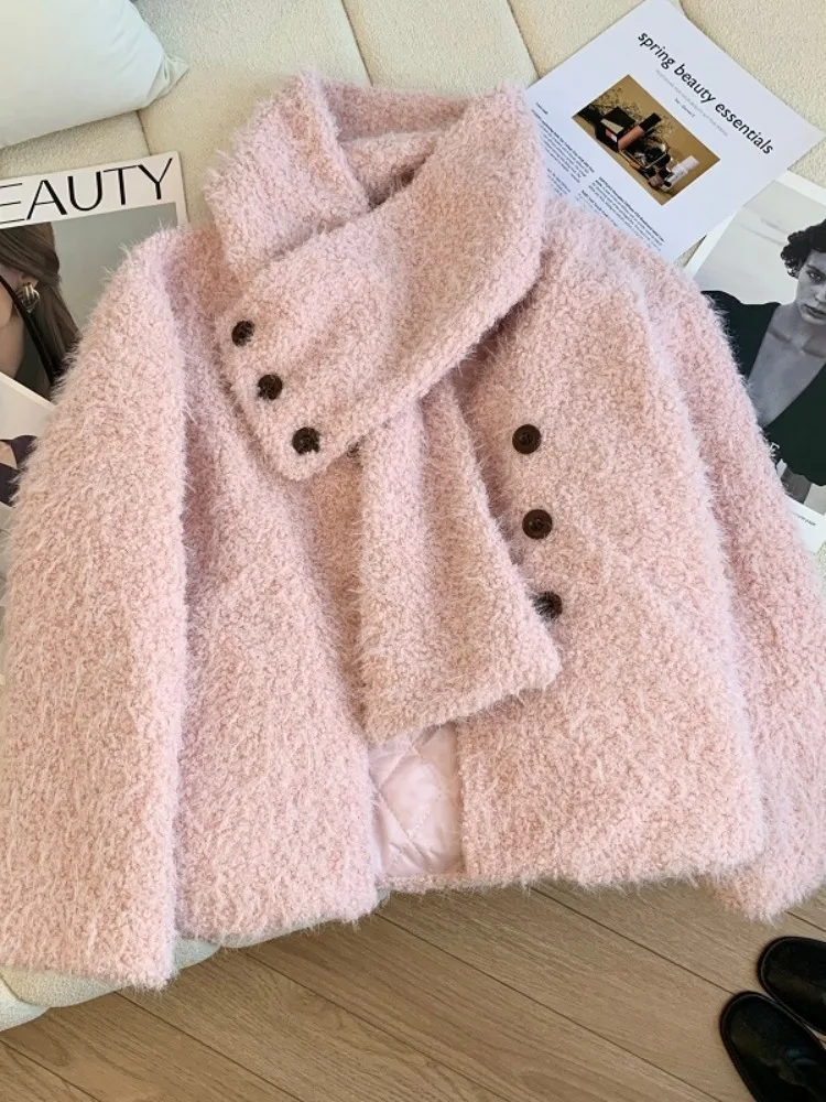 Розовое пальто из овечьей шерсти для женщин осенний дизайн хлопковая куртка со