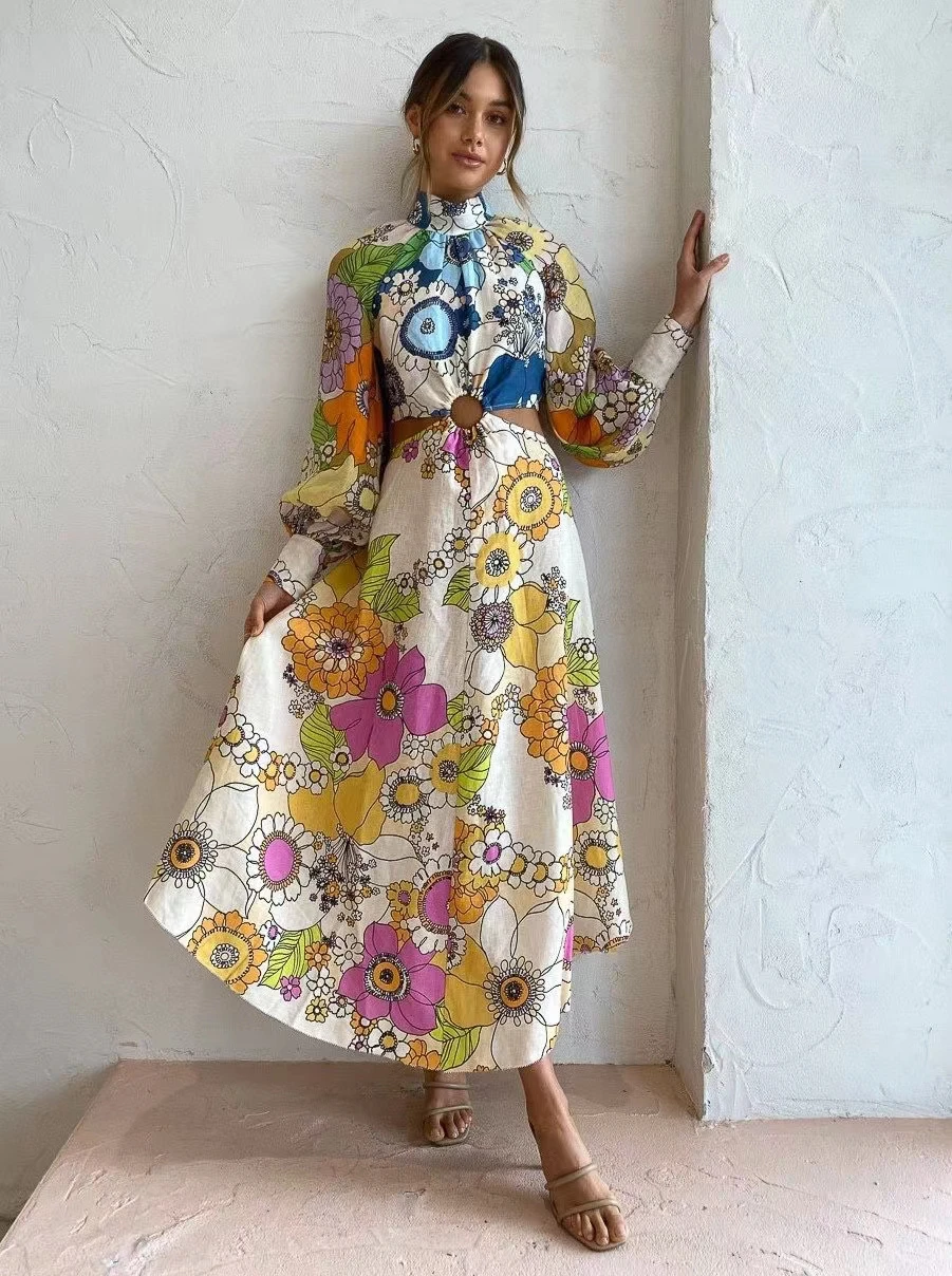 

Flower Print Women Waist Hollow Out Maxi Dress 2022 Spring New Stand Collar Sexy Back Lace-Up Ladies Long Sleeve Long Dress