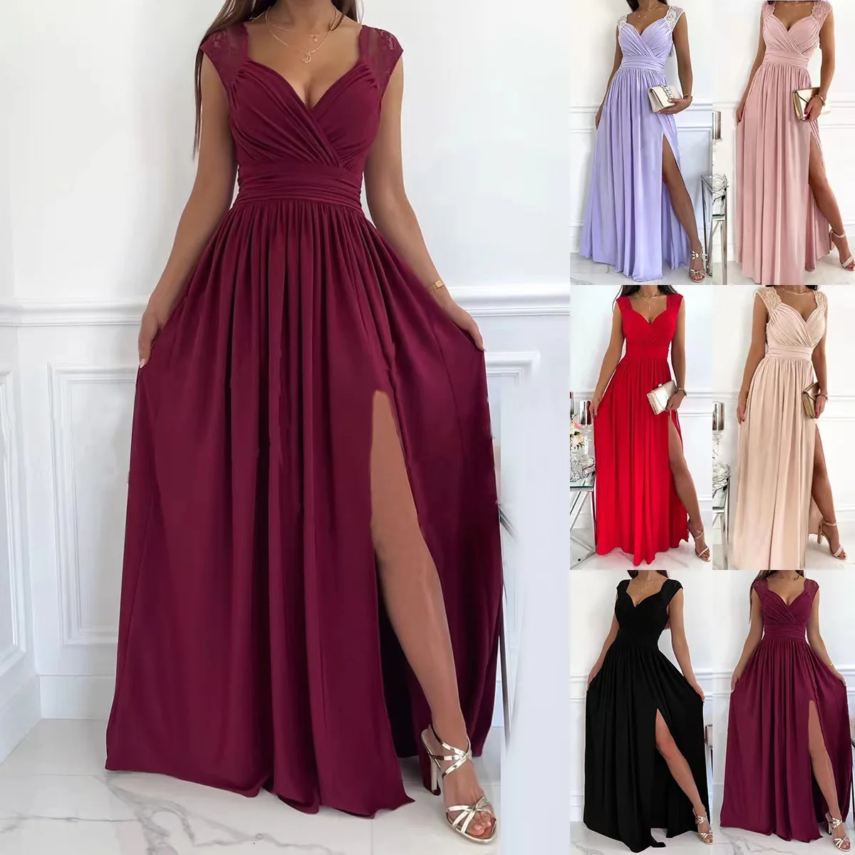 

Women Skinny Fashion Elegant Summer Dress Lady Sexy Deep V Neck Floor Length Vintage Everning Party Vestido Feminino Femme Robe