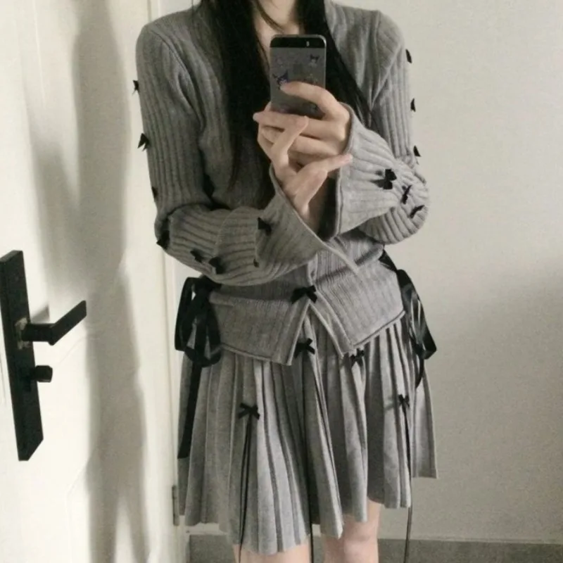 Серые вязаные кардиганы в корейском стиле Deeptown молодежные женские винтажные