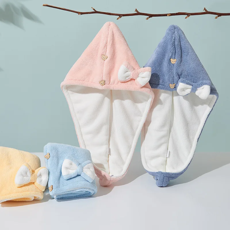

Bow Cartoon Cute Coral Velvet Shower Cap Dry Hair Towel Dry Hair Hat Wholesale Women Double Layer Absorbent Thick Pack Turban