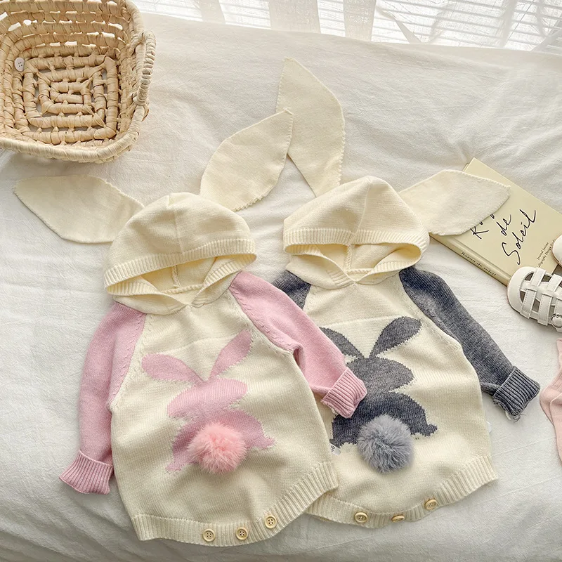 

2023 Autumn Winter Baby Girls Bodysuit Cotton Knitted Rabbit Hooded Infant Girls Rompers Patchwork Stretch Newborn Girls Outfits