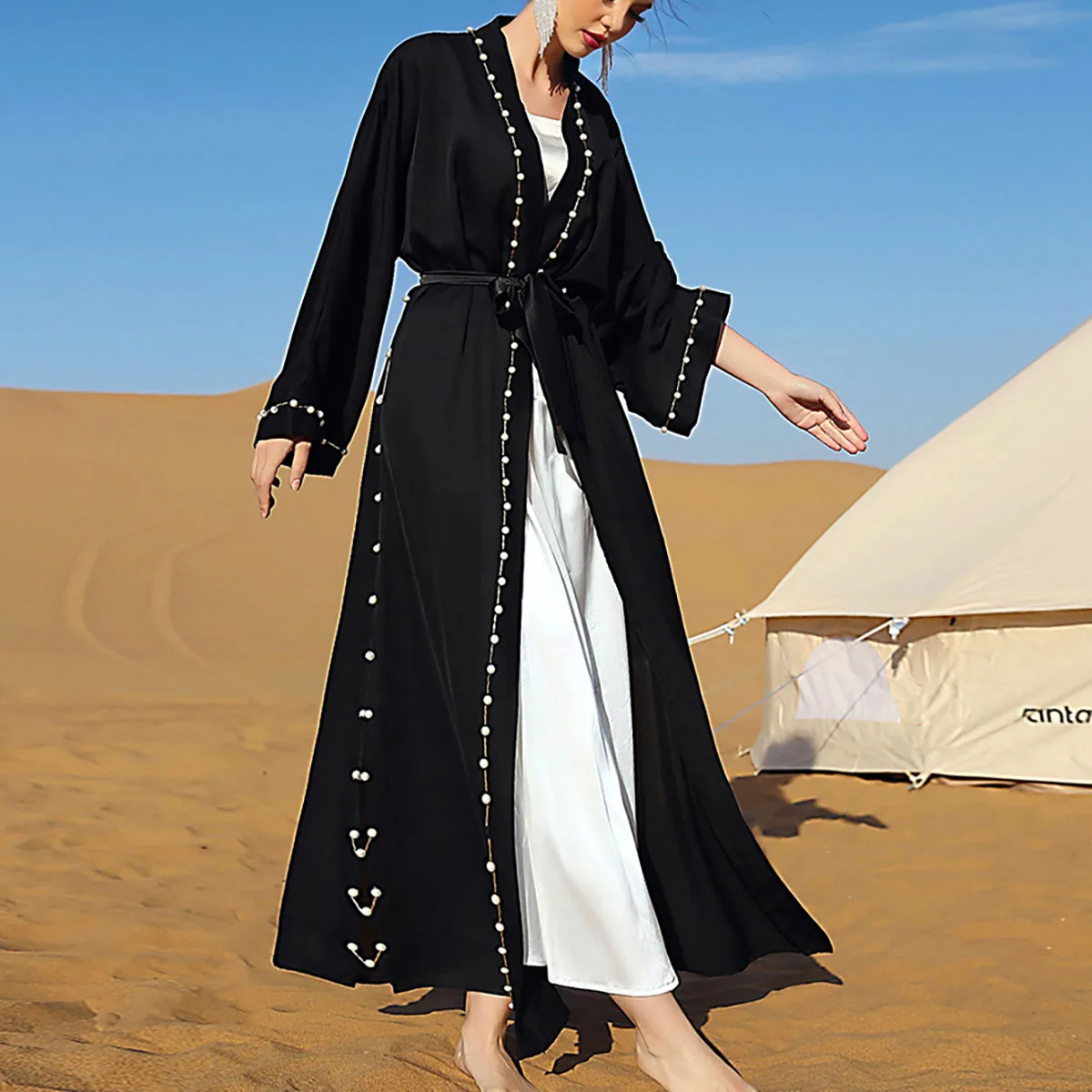 Women Retro Kaftan Dress Middle East Casual Travel or Festival Abaya Dress with Belt