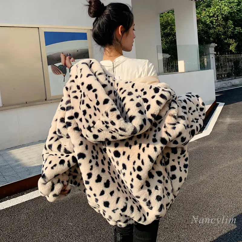 2022 Autumn and Winter New Blue Color Leopard Print Faux Fur Coat Hooded Mid-Length Cute Sweet Girl Loose Street Overcoats