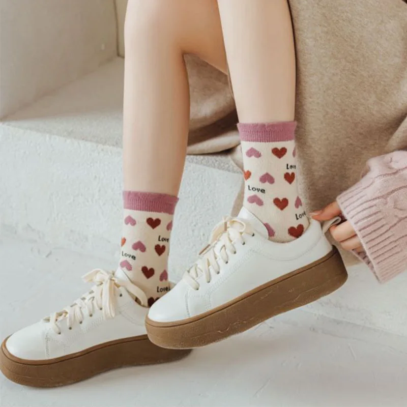 5 Pairs Fruit Print Wool Socks Women Love Heart Keep Warm Winter Socks Set Thick Long Leg Warmers Kawaii Socks Woman Fashion New